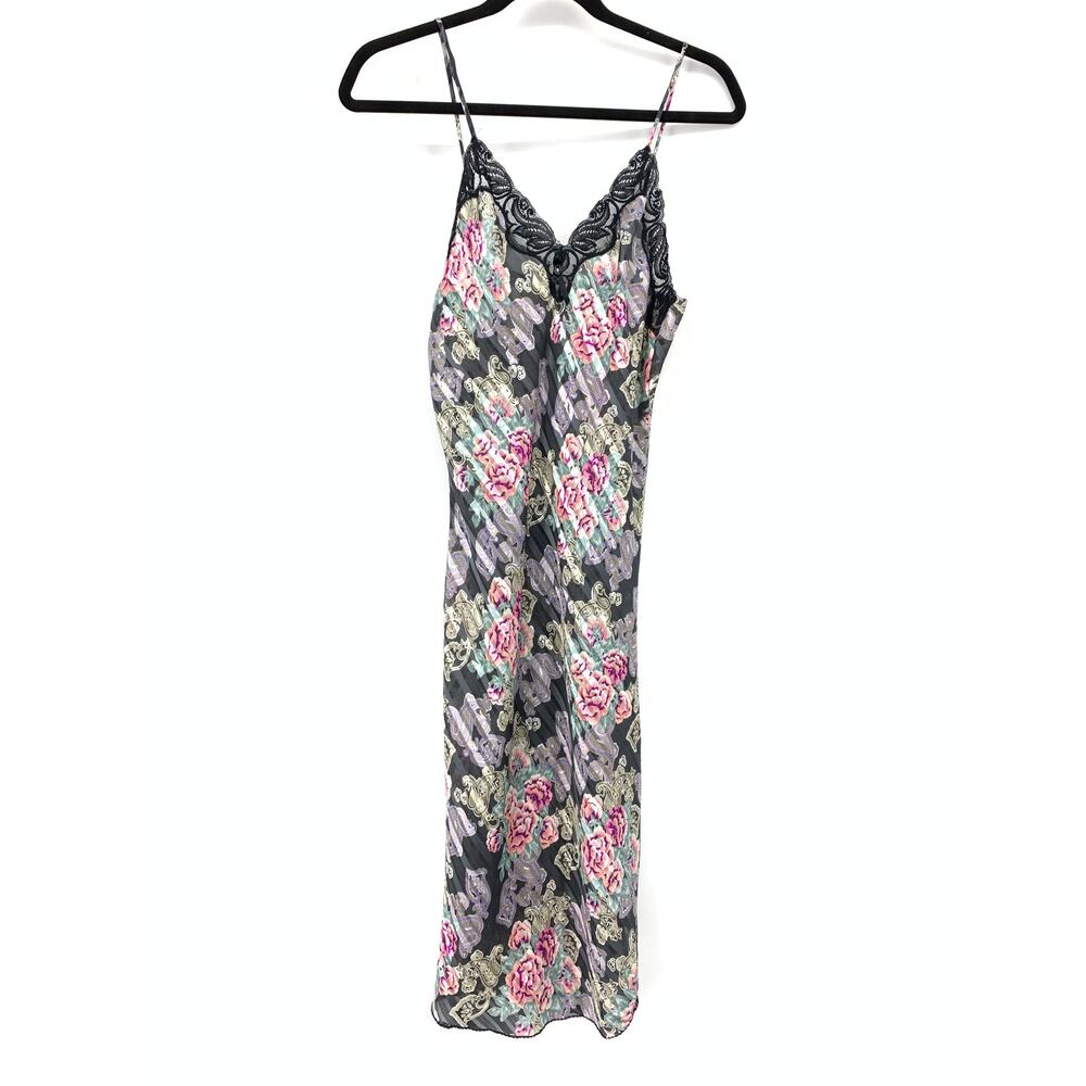 Vintage 90s Cinestar Striped Floral Print Slip Dress Womens Sz S Lace Trim